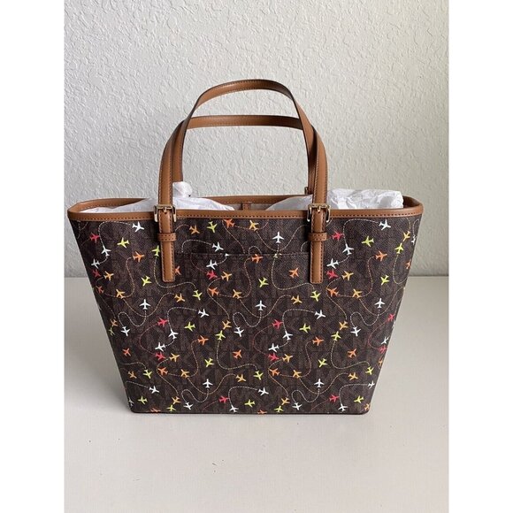 Michael Kors Jet Set Brown MultiColor Airplane Print Carryall Tote Purse Bag NEW - Picture 13 of 13